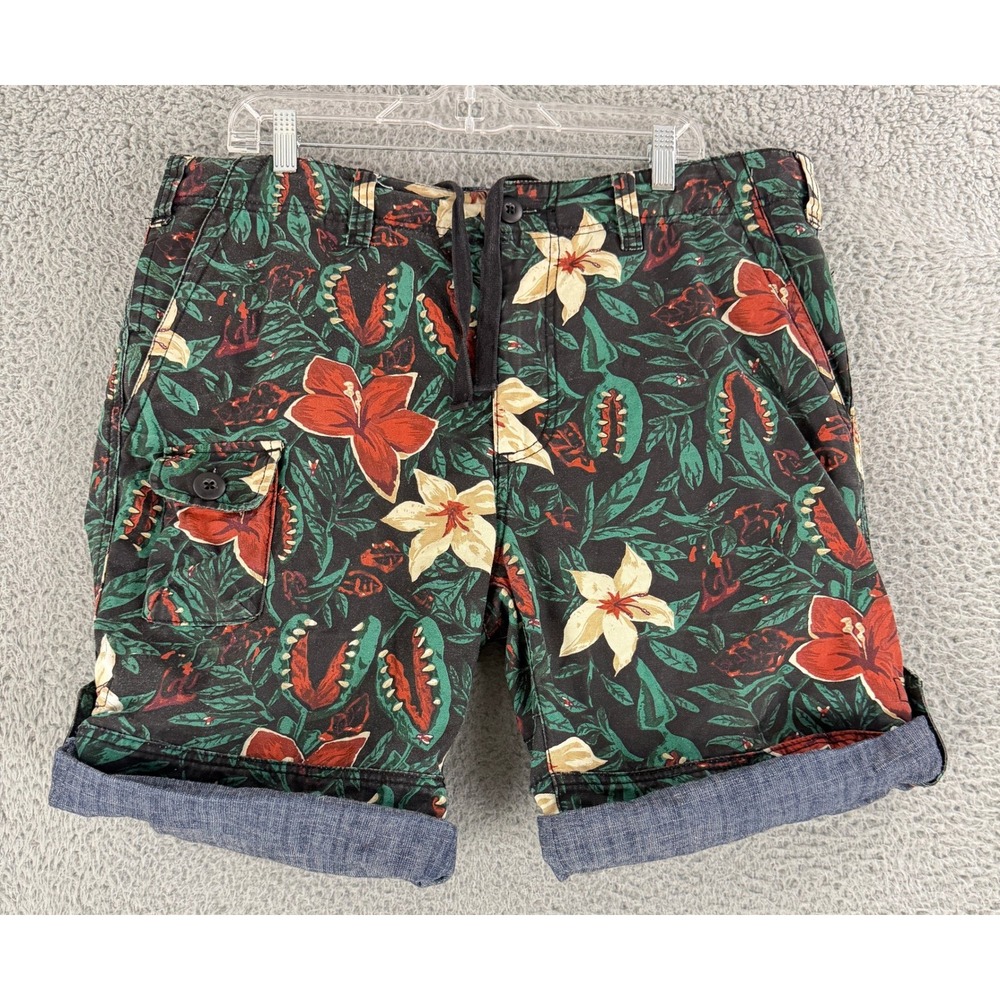 10.Deep Floral Cargo Shorts Mens 36 Black Tropical Hibiscus DXXP‎ Streetwear NY